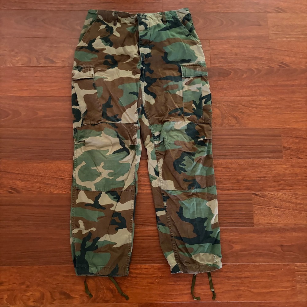 Vintage Mens Camo Cargo Pants Small Woodland Ripstop BDU Military Baggy 31x29
